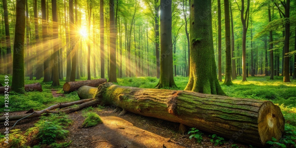 Poster sunbeams illuminate a mossy forest path with fallen logs
