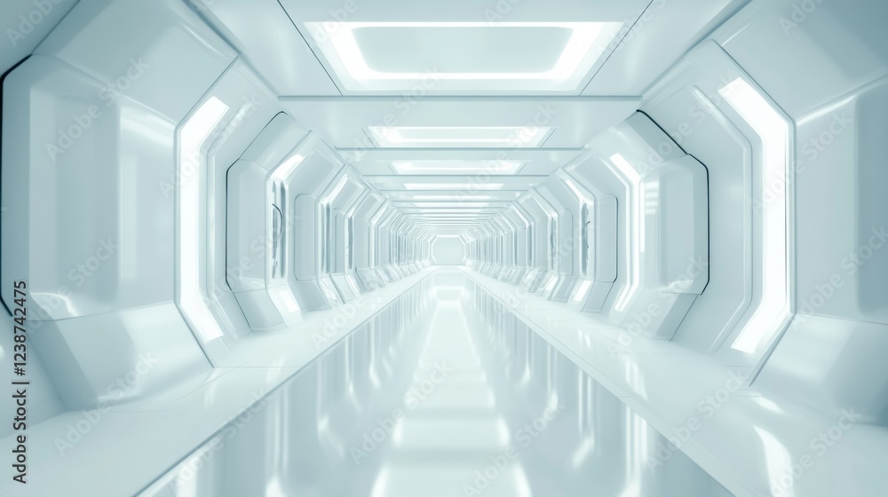 Poster futuristic white tunnel perspective with geometric shapes and reflective floor in science setting