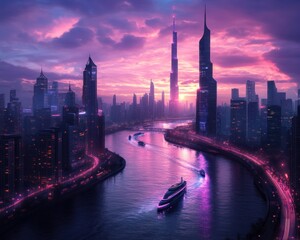 Obraz premium Stunning cityscape sunset view with vibrant pink and purple hues reflecting on the river, featuring modern architecture and glowing city lights This captivating image evokes a sense of futuristic