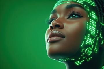 Stunning Portrait of a Woman with Futuristic Green Digital Overlay, Highlighting Technology, Innovation, and the Beauty of the Human Form, Digital Art, Cyberpunk Aesthetic, and a Vision of the