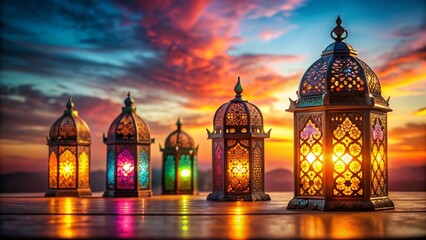 Fototapeta premium Eid Ramadan Celebration: Glowing Islamic Lanterns at Sunset