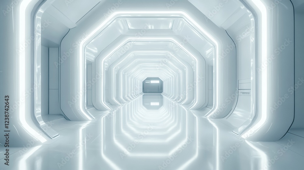 Poster futuristic white tunnel with symmetrical octagon framework and reflective floor leads to unknown