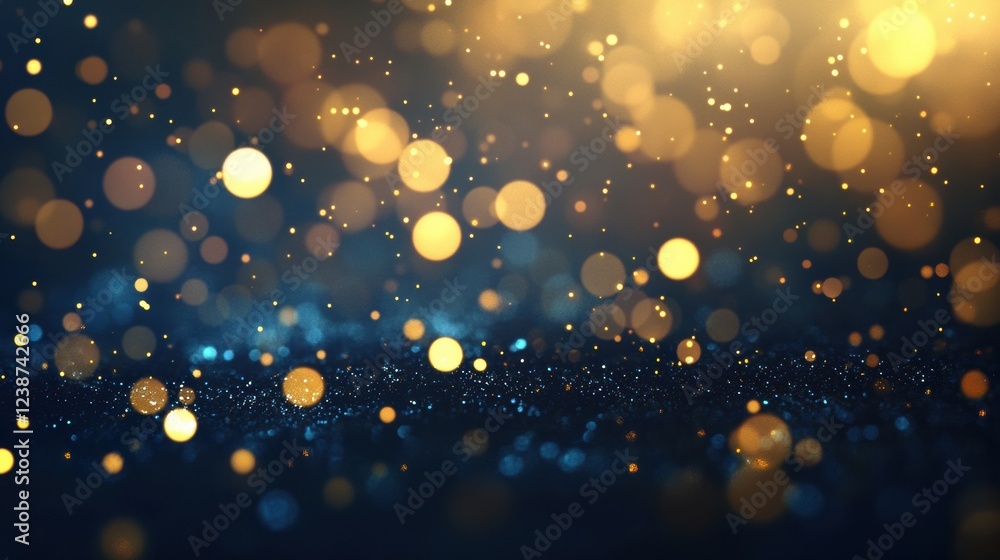 Poster glimmering golden bokeh lights on a dark background with sparse sparkles and blue hues