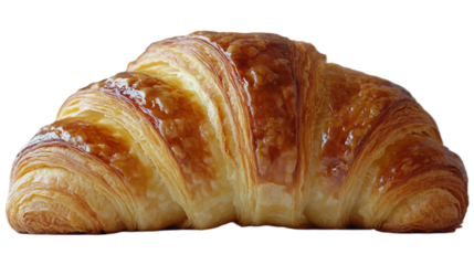 A single, perfectly baked croissant has a rich golden-brown, flaky crust with delicate, crispy outer layers and soft, airy folds visible in the texture isolated on white background. PNG file