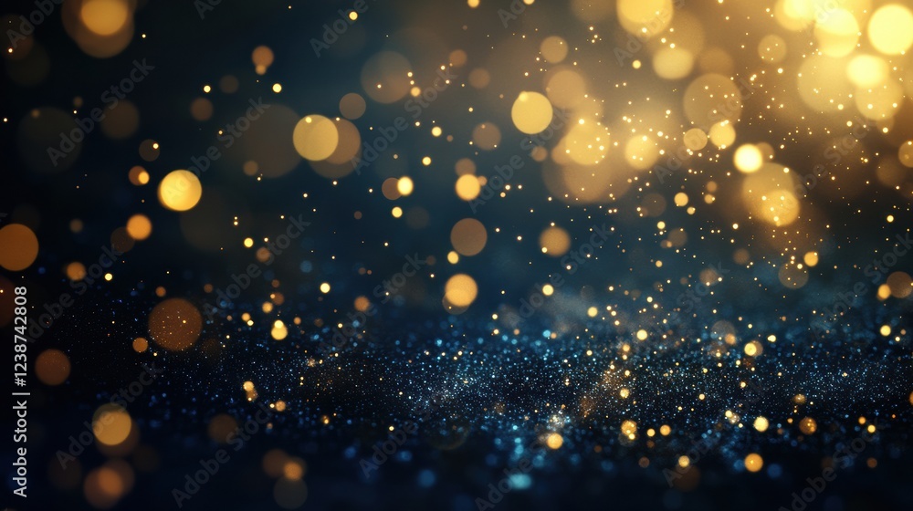 Poster glittering gold bokeh lights overlaying a deep blue abstract background sparkle and blur effect