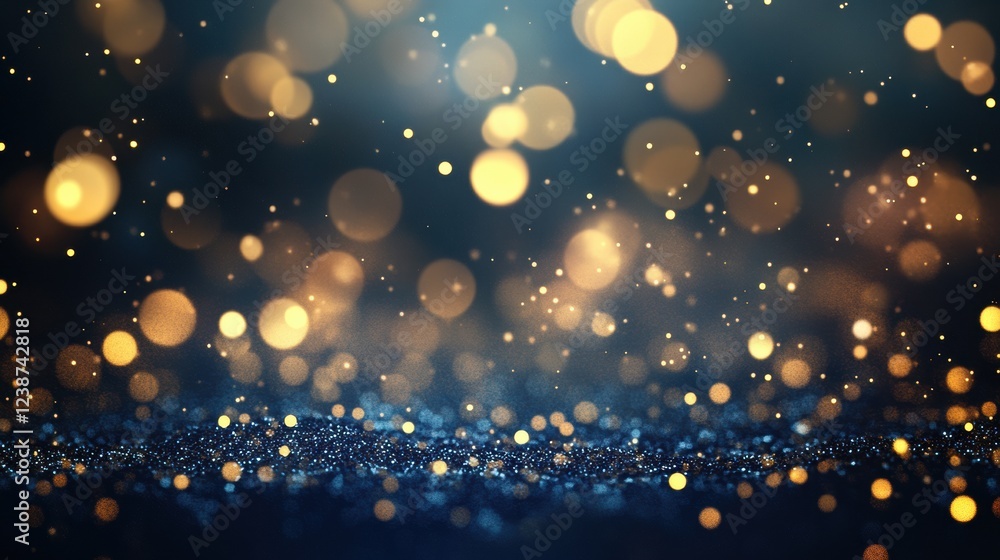 Poster glittering lights overlay on dark surface with bokeh effect and golden particles and sparkles
