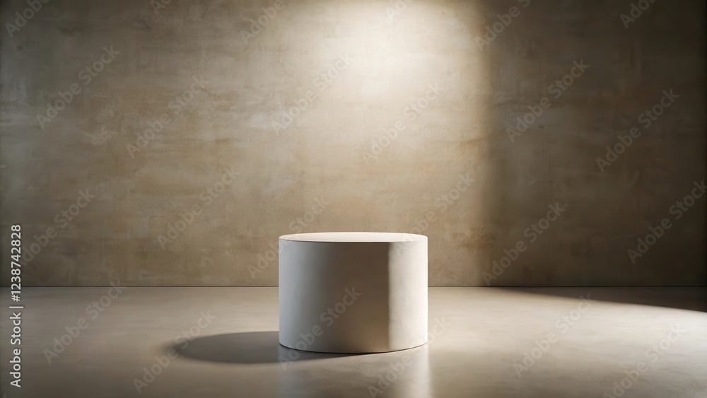 Poster empty cylindrical pedestal in a minimalist studio setting against a textured wall with dramatic ligh