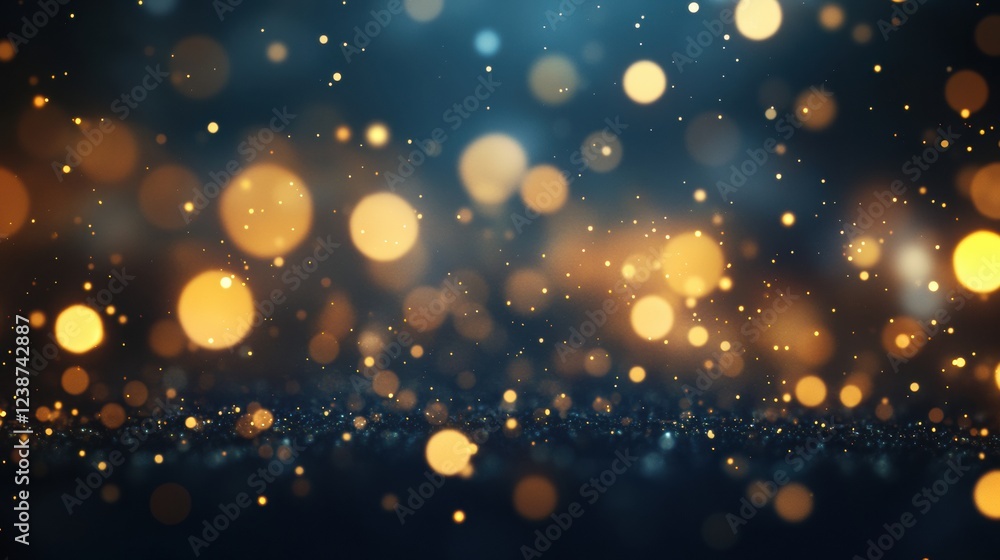 Poster glowing abstract background of golden bokeh and glittering particles with a dark gradient effect