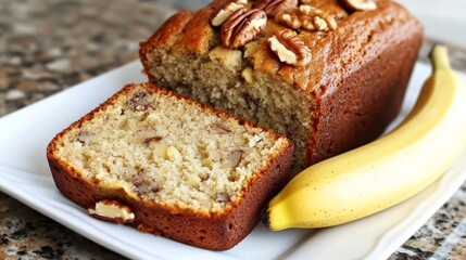 Freshly baked banana bread loaf with walnuts, sliced on a plate beside a ripe banana, kitchen background