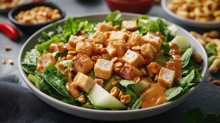 Delicious salad with crispy tofu peanut sauce and fresh greens close up