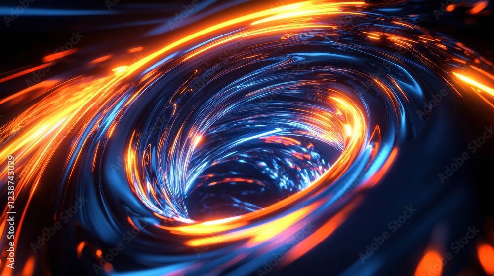Poster glowing vortex swirl of energy with streaks of light and dark fluid motions in a digital rendering