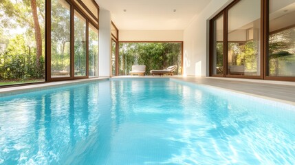 This indoor pool space features large windows that let in an abundance of sunlight, creating a vibrant ambiance for leisure and relaxation.