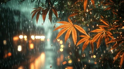 Rainfall glistens on cannabis leaves with vibrant autumn colors in a city at night. Generative AI