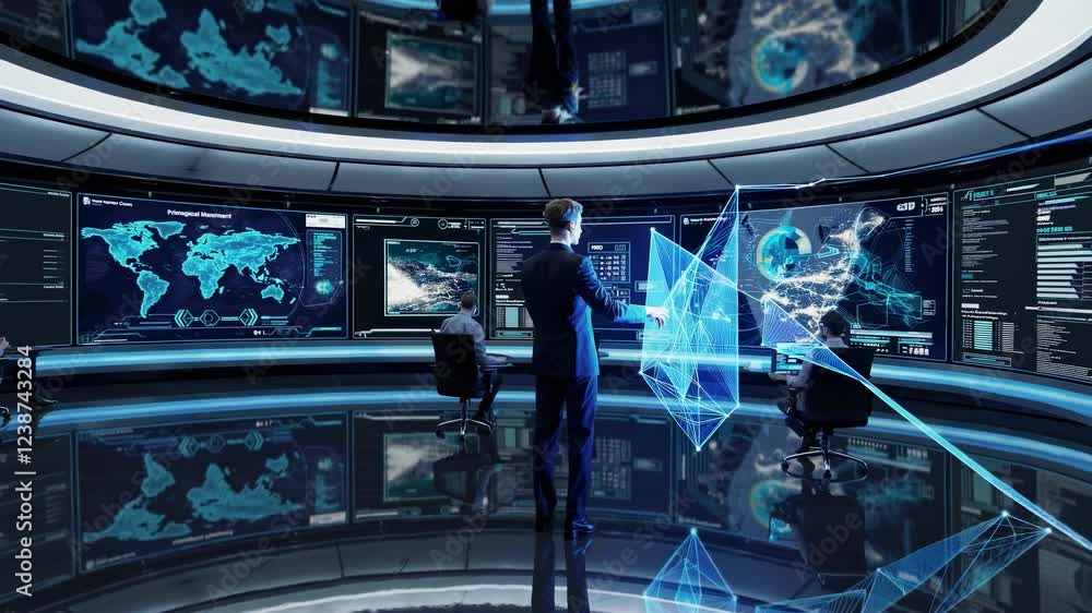 Fototapete High-tech command center showcasing data analysis and mapping technology with professionals engaged in strategic discussions