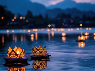 Obraz premium festival of lights celebration, traditional lanterns reflecting on serene lake surface at dusk