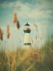 Melancholic mystic Lighthouse Beyond Windblown Grass – Tranquil and Reflective Mood for Travel, Inspiration, and Nautical-Themed Designs