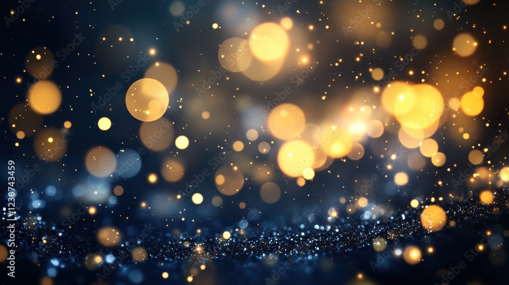 Poster golden orbs on dark backdrop with sparkling dust abstract background bokeh effect celebration