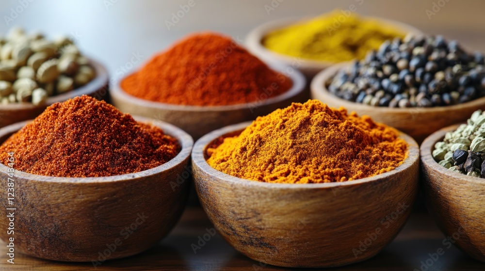 Poster colorful array of spices displayed in wooden bowls on a rustic table setting. generative ai