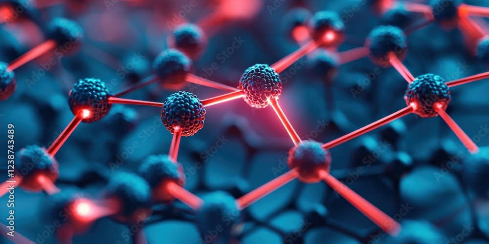 Poster material science nano concept. abstract molecular structure with glowing connections in blue and red