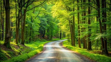 Obraz premium Forest Road Winding Through Green Landscape, forest road, green landscape, forest road