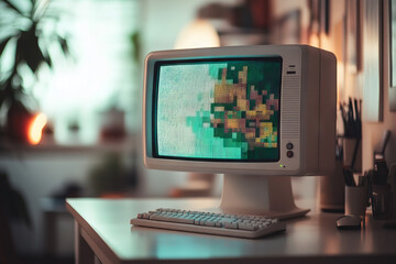 A vintage computer sits on a white desk, showcasing vibrant pixelated designs on its screen. The cozy room features plants and soft lighting, highlighting a warm and inviting atmosphere