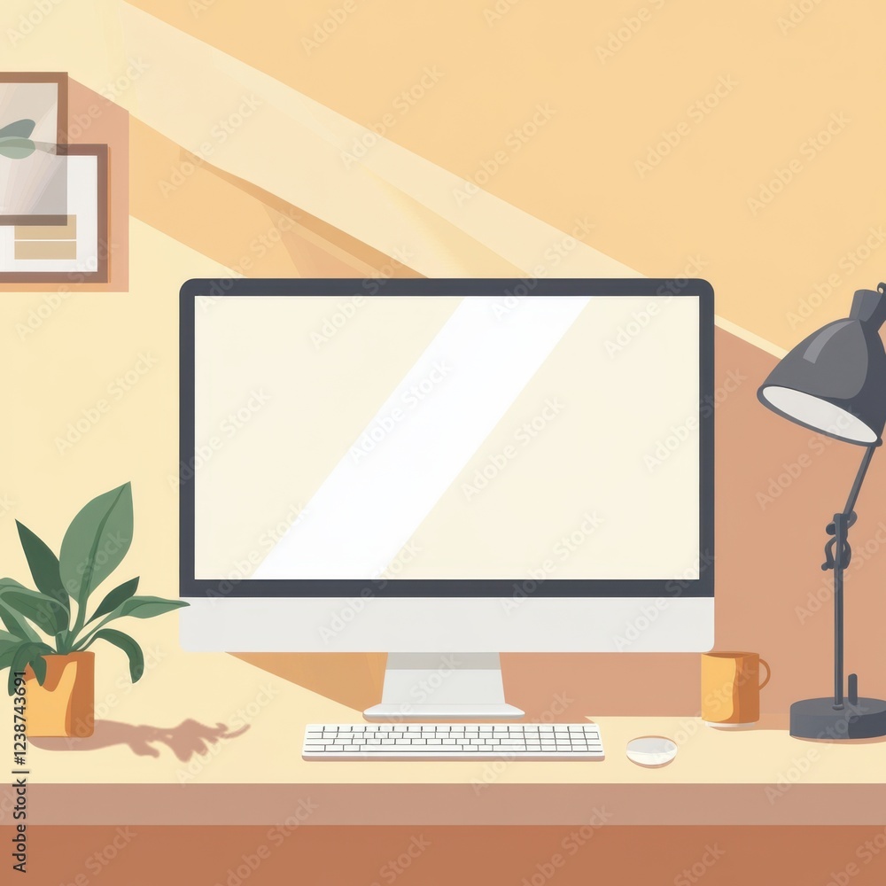 Poster home office setup with desktop computer monitor plant and desk lamp in soft light