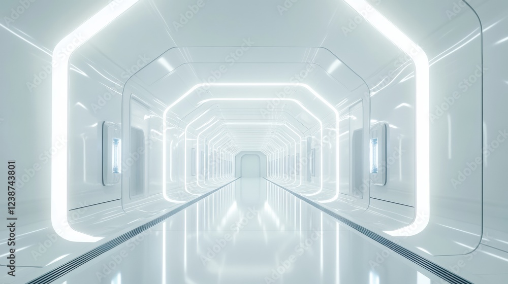 Poster illuminated white futuristic corridor with octagonal frame design and symmetrical perspective