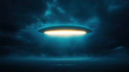Obraz premium A stunning scene featuring a mysterious UFO hovering in a cloudy sky, capturing a sense of intrigue and wonder that ignites the imagination about extraterrestrial life.