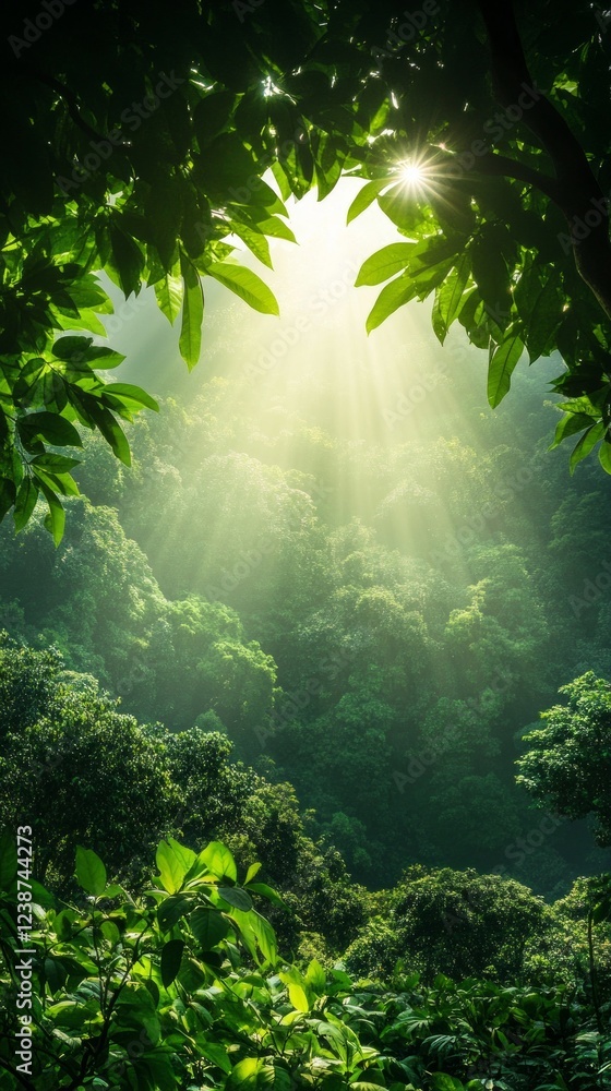 Aufkleber sunlight streams through the trees in a tropical jungle, illuminating the rich greenery and creating