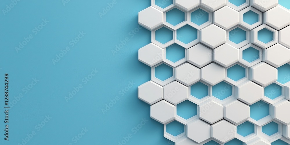 Poster material science nano concept. white hexagonal tiles on a blue background create a modern design.