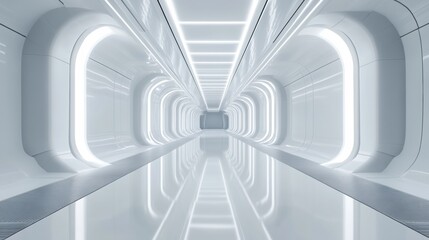 Fototapeta premium Luminous Futuristic Corridor With Reflective Flooring And Arching Light Fixtures And Smooth Walls