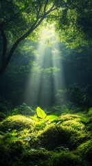 Obraz premium Beams of sunlight penetrate the dense trees, illuminating vibrant green leaves and soft moss covering the forest floor in a tranquil outdoor landscape