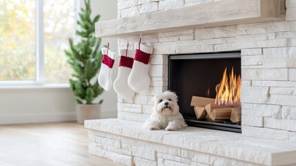 Cozy Christmas dog by fireplace