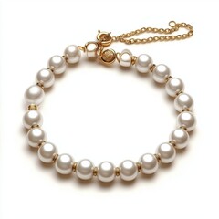 Elegant pearl necklace with a golden clasp, isolated on white background