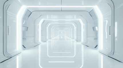 Fototapeta premium Luminous White Futuristic Tunnel Leading Forward to Infinity with Glow Lighting Effects