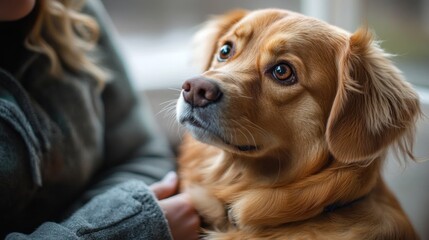 Golden retriever mix gazes with curiosity at its owner during a cozy indoor moment. Generative AI