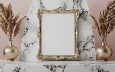 Elegant photo frame mockup placed on a stylish marble surface, designed for customized branding or messages for Valentines Day, 8 March, and International Womens Day