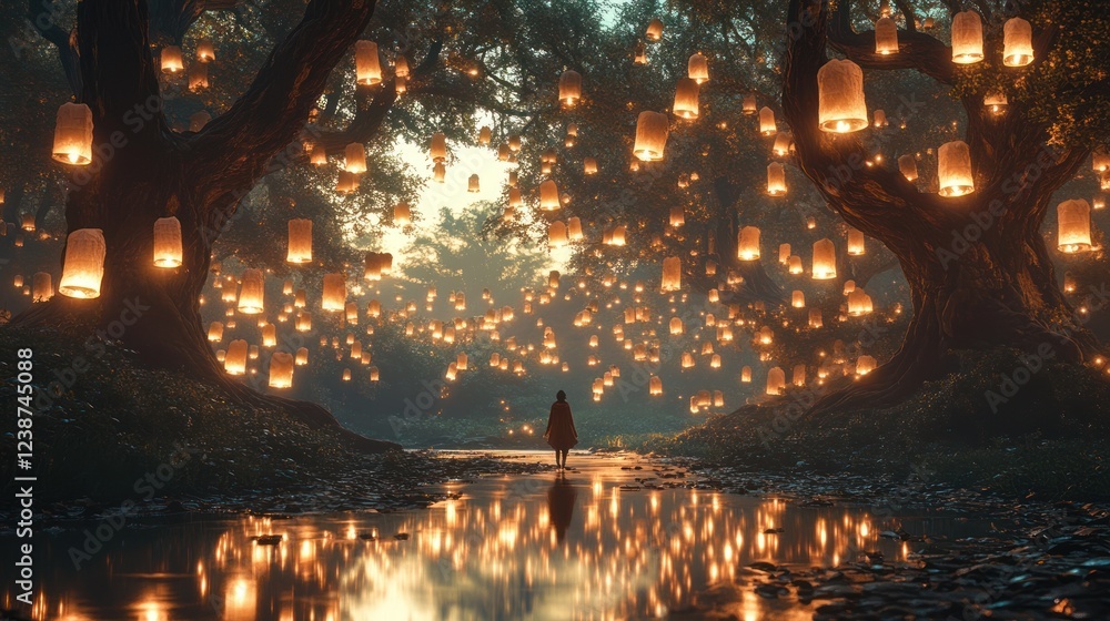 Aufkleber enchanted evening stroll through a forest illuminated by glowing lanterns and a serene stream. gener