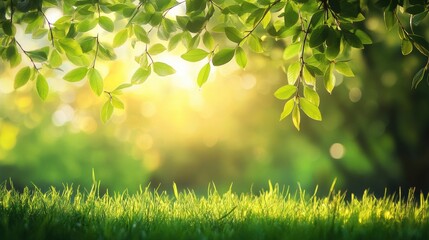 Obraz premium Lush Green Leaves Over Bright Grass Under Warm Sunlight Spring Season Outdoor Scene Natural Beauty