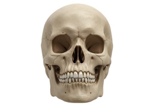 Realistic human skull with detailed features isolated on white background