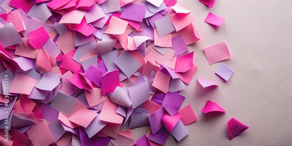 Poster A vibrant collection of scattered paper squares in various shades of pink and purple, creating a dynamic and colorful background