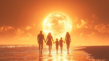Fototapeta premium Family enjoys a sunset walk along the beach, holding hands and creating memories together. Generative AI