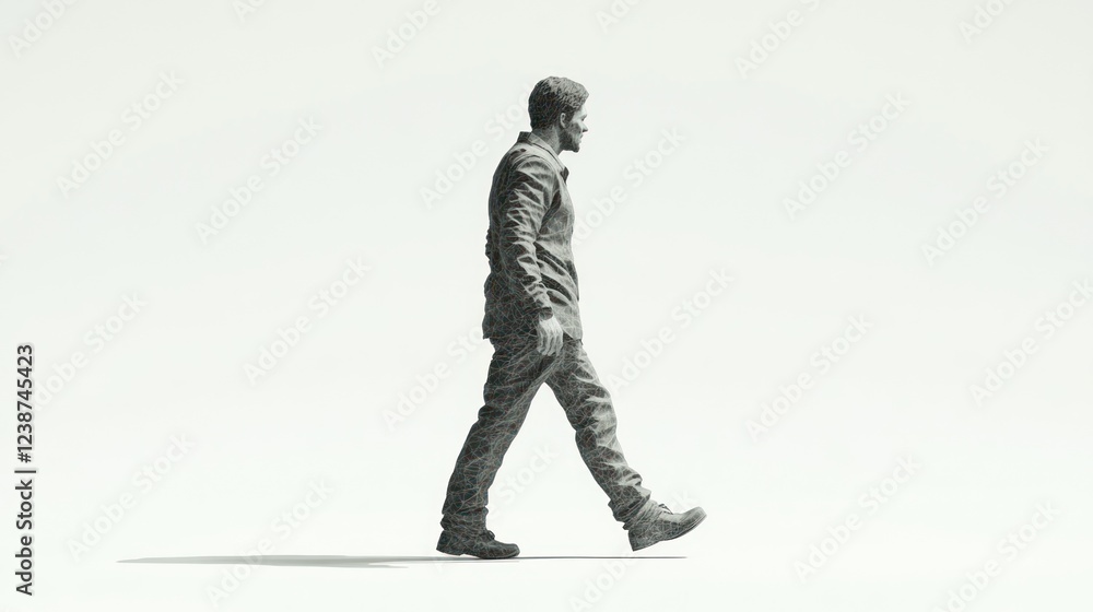 Poster walking figure in a minimalistic setting with soft shadows showcasing a reflective mood. generative 