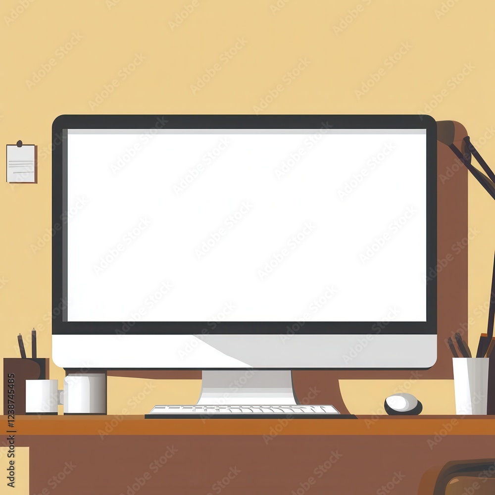 Poster minimalist desktop setup with blank screen monitor keyboard and office supplies on a table