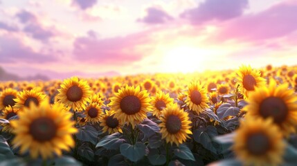 Obraz premium Vibrant sunflower field basking in golden sunlight during a summer evening. Generative AI