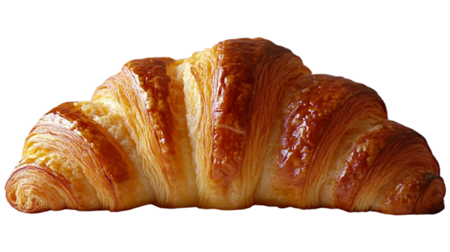 A single, perfectly baked croissant has a rich golden-brown, flaky crust with delicate, crispy outer layers and soft, airy folds visible in the texture isolated on white background. PNG file