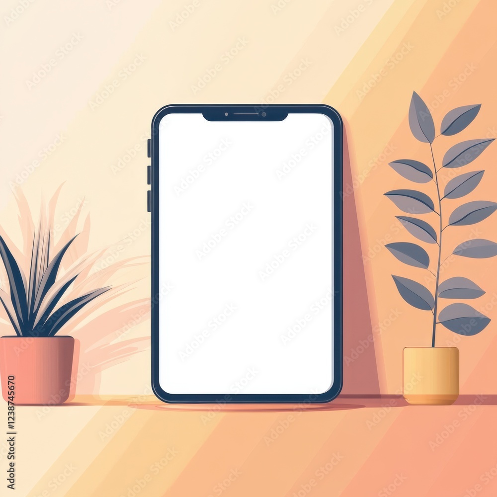Poster minimalist mobile phone display featuring two potted plants against a soft gradient background