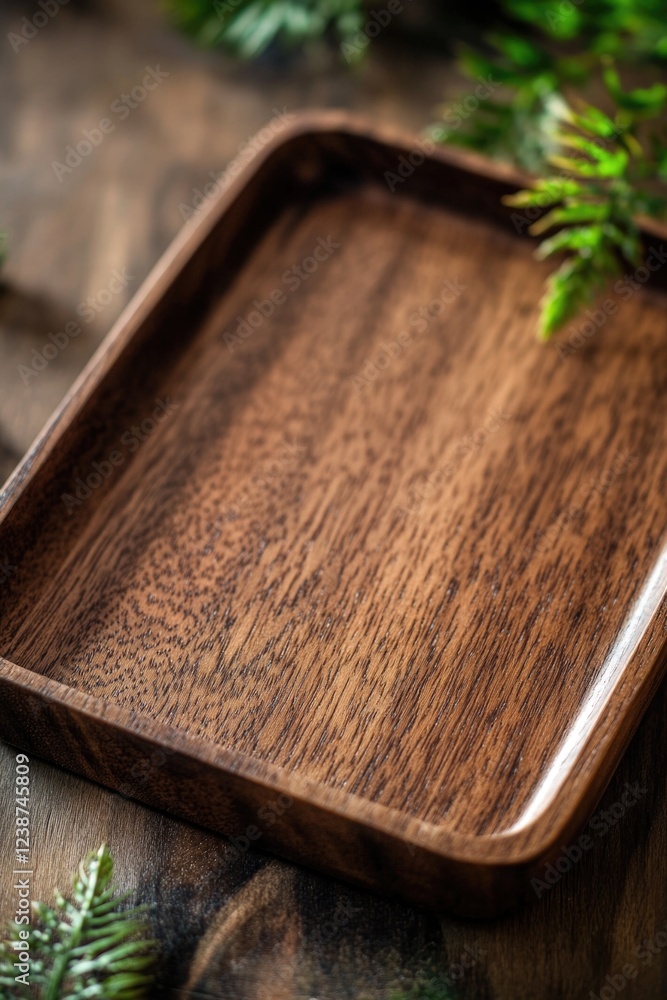 Poster a wooden tray sits on a wooden table, perfect for serving or displaying small items