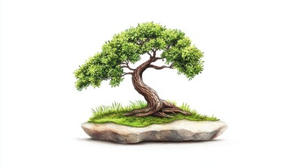 Small Green Tree on Rock with Grass and White Background