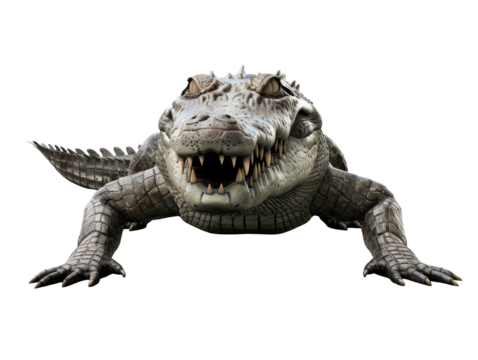 Fierce crocodile with sharp teeth and scaly skin ready to strike from the shadows